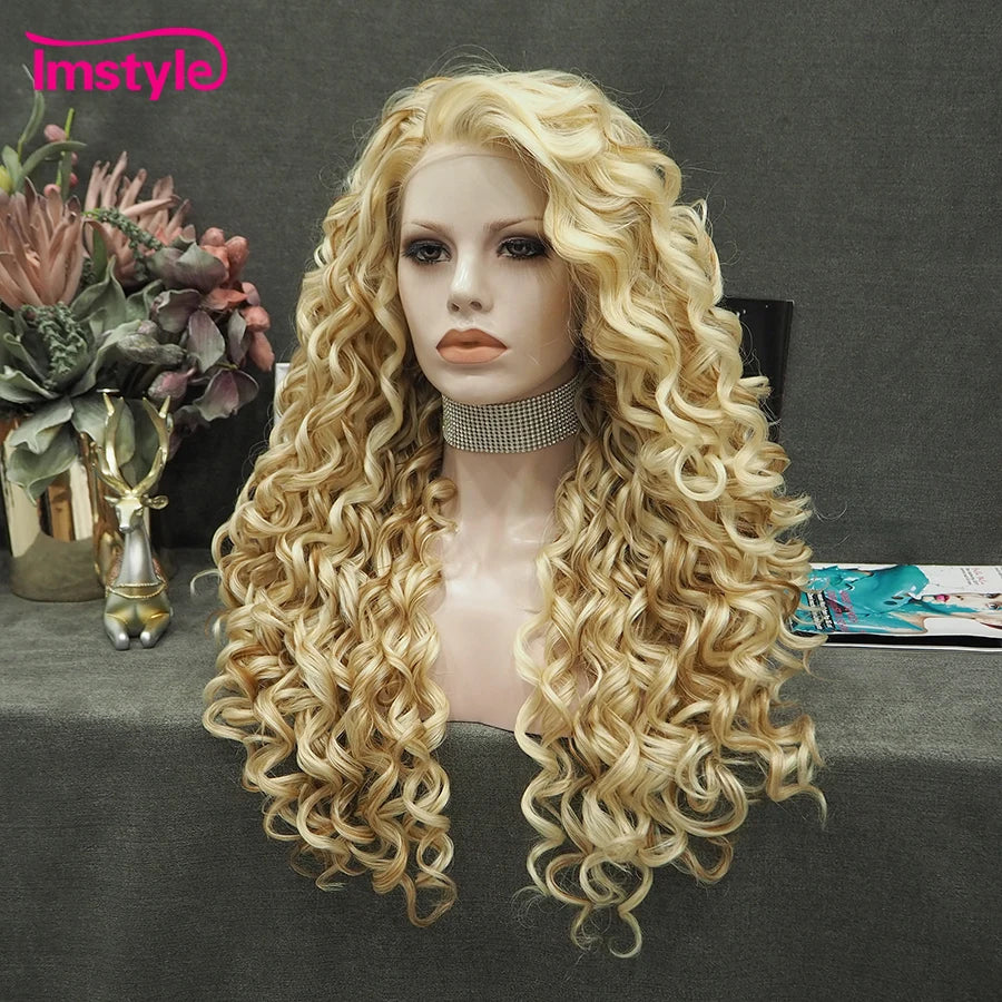 Crown & Glory Wigs  Im style Synthetic Lace Front Wig Blonde Golden Mixed Lace Wig Curly Heat Resistant Fiber Long Wigs For Women Cosplay Wig