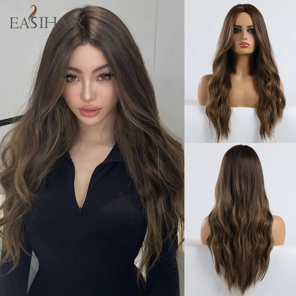 Crown & Glory Wigs EASIHAIR Ombre Brown Light Blonde Platinum Long Wavy Middle Part Hair Wig Cosplay Natural Heat Resistant Synthetic Wig for Women