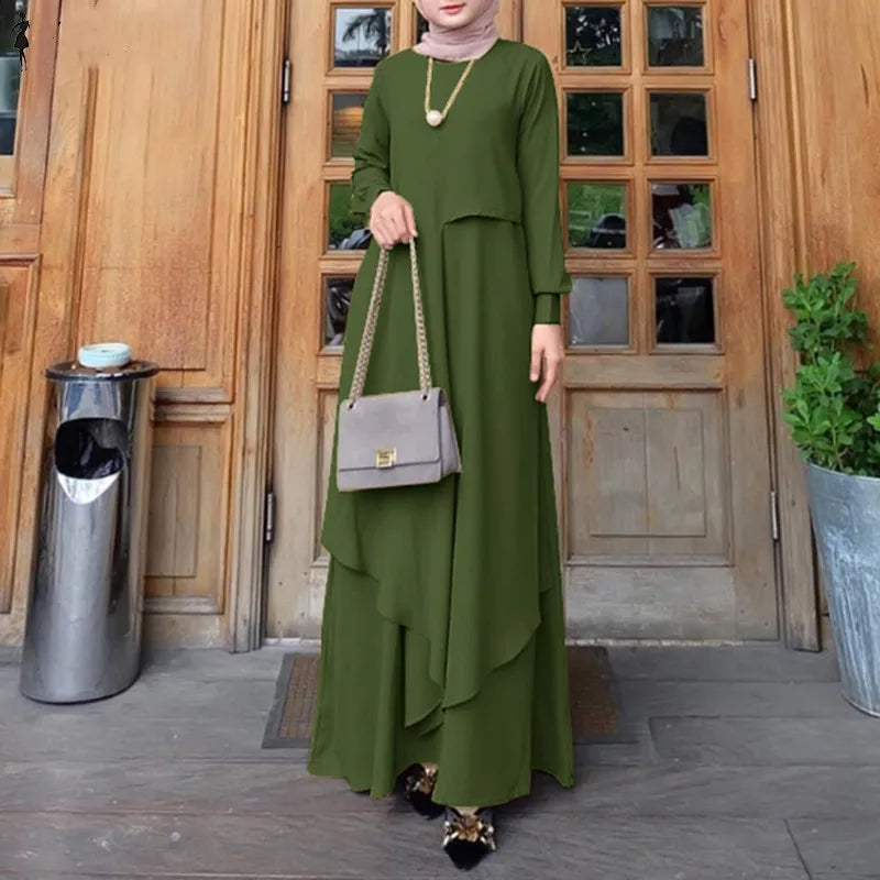 Muslim Family    Fashion Two Layer Patchwork Femme Robe Abaya Turkish Shirt Dress Arabic Islamic Clothing Hijab Long Sleeve Maxi Vestidos