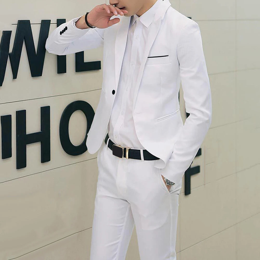 Men clothing   2Pcs Office Business Men Solid Colour Lapel Long Sleeve Slim Blazer Pants Suit