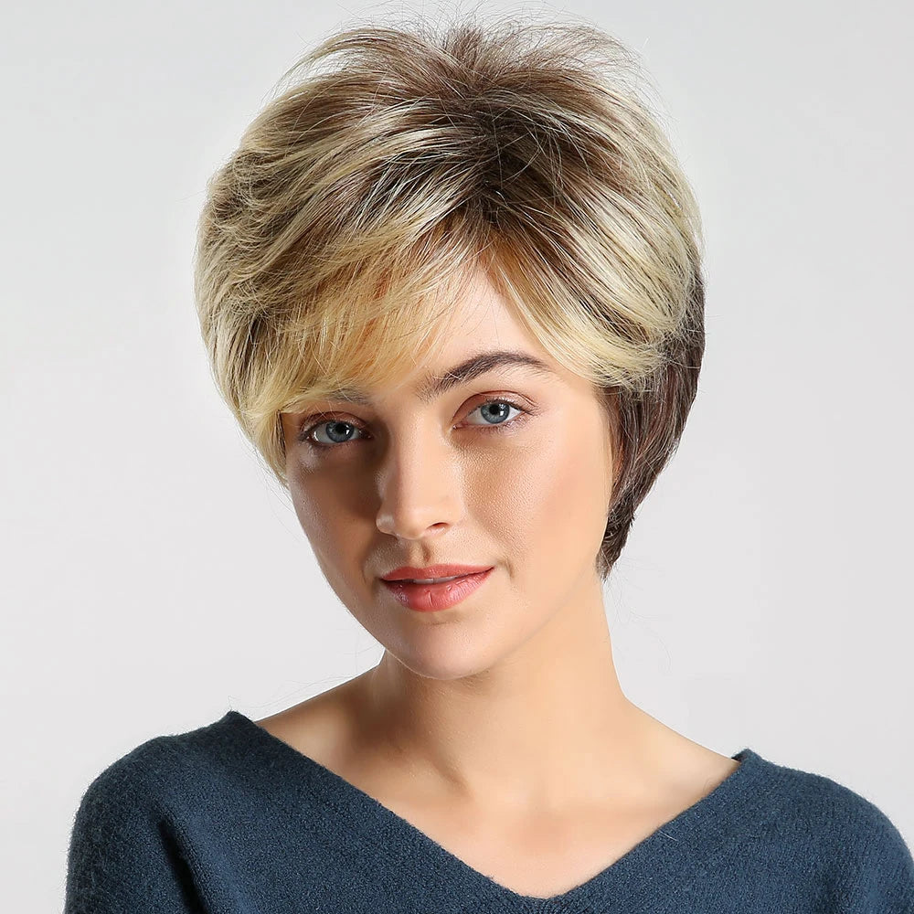 Crown & Glory Wigs HENRY MARGU Dark Root Ombre Brown Blonde Short Hair Wigs Fluffy Pixie Cut Synthetic Wig for Black White Women Heat Resistant