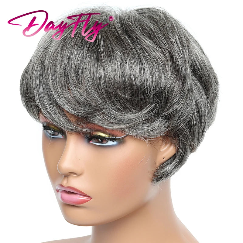 Crown & Glory Wigs Short Grey Wigs Highlight Pixie Cut Wig With Bangs Brazilian Hair Natural Wave Wigs Ombre P1B 30 44 34 Human Hair Wigs For Women