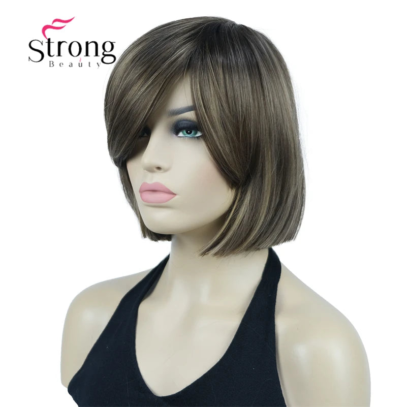 Crown & Glory Wigs Strong Beauty Women's Brown Short Straight Bob Wig with Side Bangs Synthetic Full Hair Wigs Heat Resistant