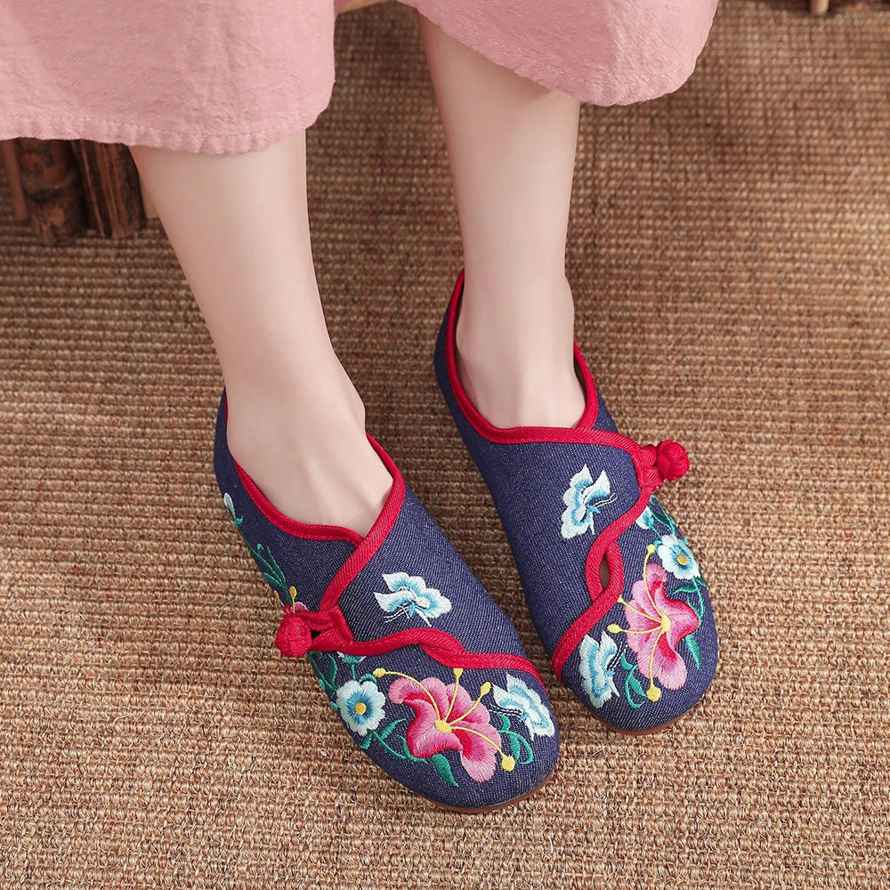 Woman shoes Veowalk Morning Glory Flower Embroidered Women's Canvas Ballet Flats Ladies Casual Comfort Denim Cotton Embroidery Shoes