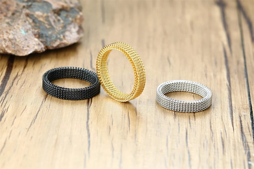 Jewellery  FLEXIBLE STEEL RING MESH FLAT CHAIN BAND RING FOR MEN WOMEN JEWELRY