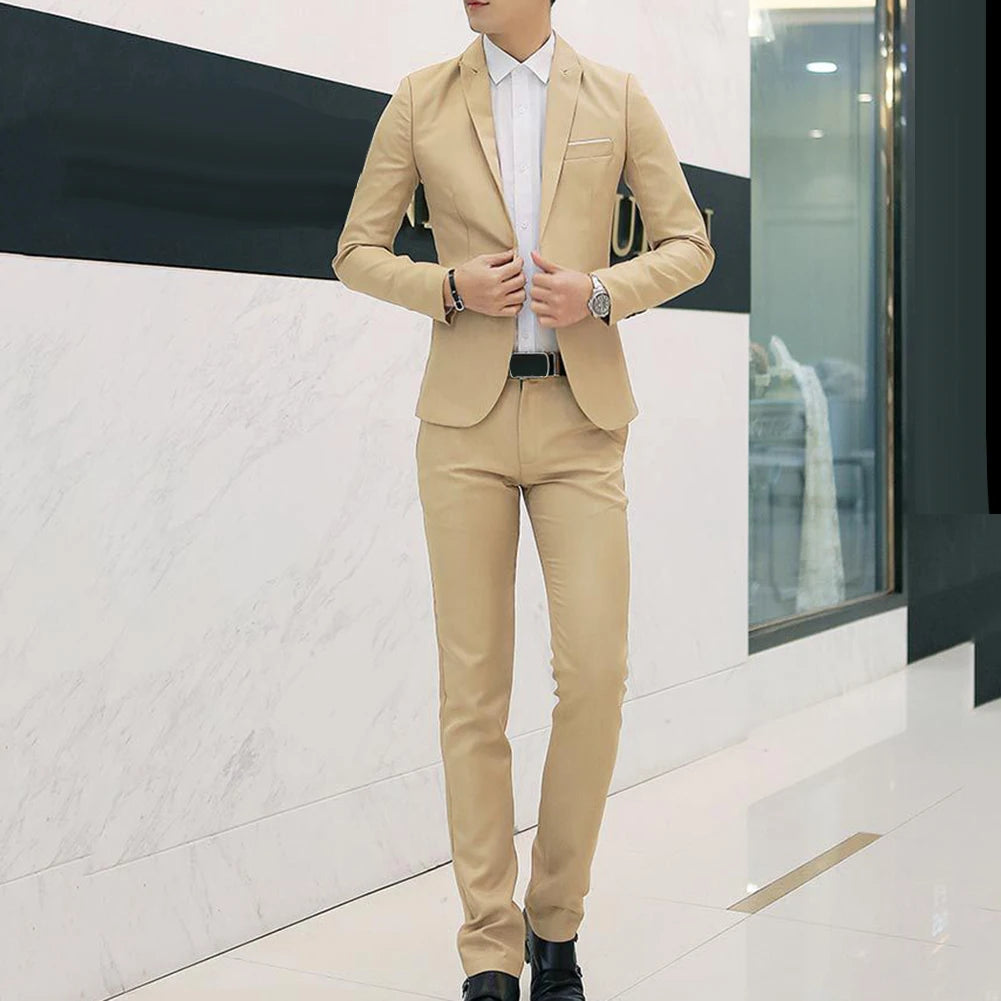 Men clothing   2Pcs Office Business Men Solid Colour Lapel Long Sleeve Slim Blazer Pants Suit