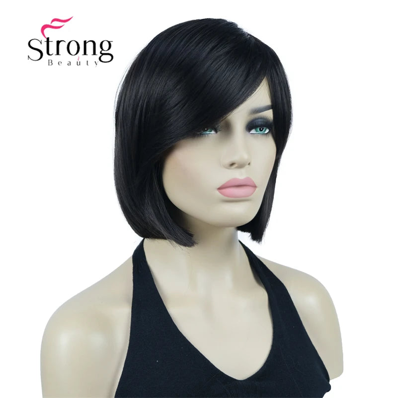 Crown & Glory Wigs Strong Beauty Women's Brown Short Straight Bob Wig with Side Bangs Synthetic Full Hair Wigs Heat Resistant