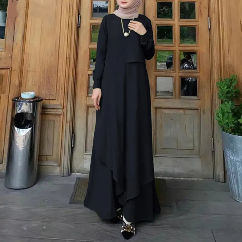 Muslim Family    Fashion Two Layer Patchwork Femme Robe Abaya Turkish Shirt Dress Arabic Islamic Clothing Hijab Long Sleeve Maxi Vestidos