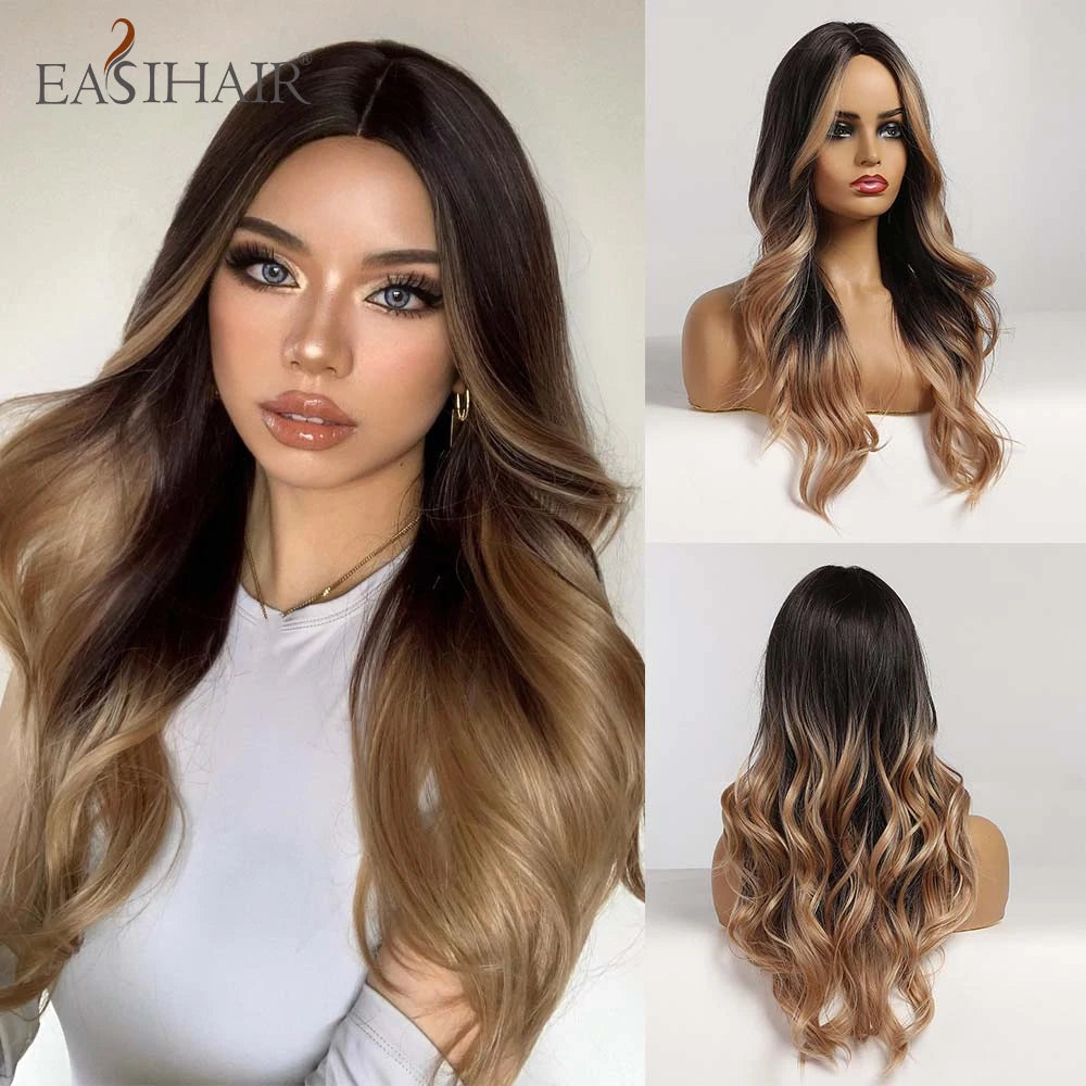 Crown & Glory Wigs EASIHAIR Ombre Brown Light Blonde Platinum Long Wavy Middle Part Hair Wig Cosplay Natural Heat Resistant Synthetic Wig for Women