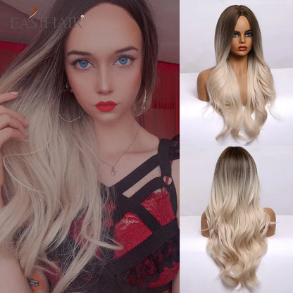 Crown & Glory Wigs EASIHAIR Ombre Brown Light Blonde Platinum Long Wavy Middle Part Hair Wig Cosplay Natural Heat Resistant Synthetic Wig for Women