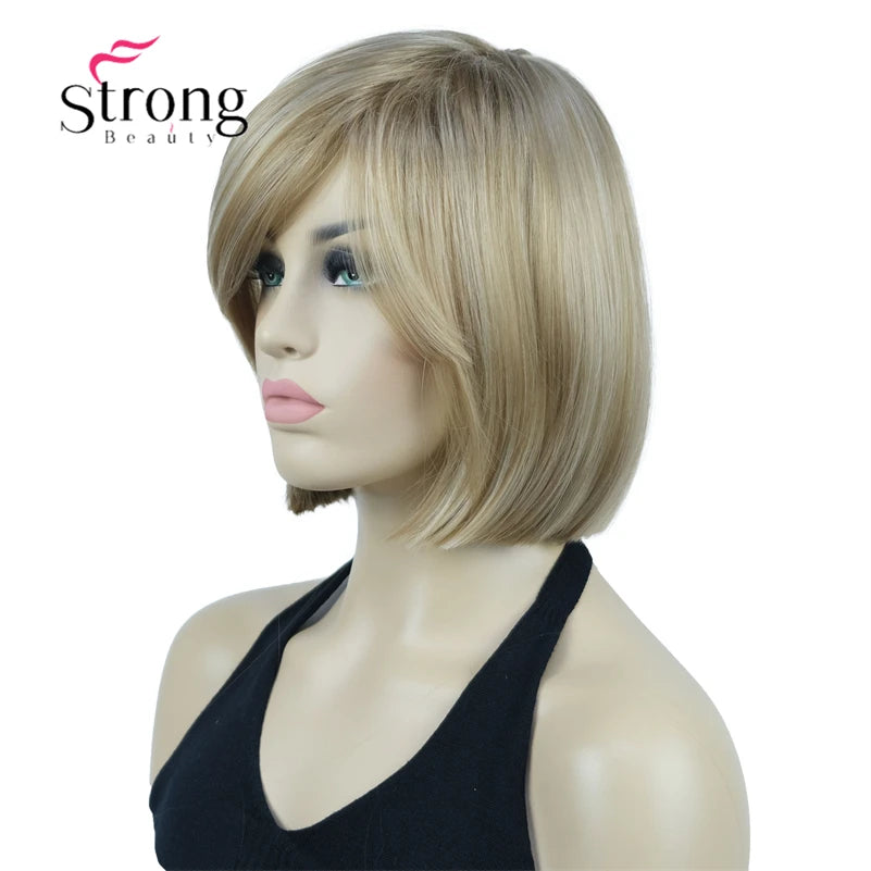 Crown & Glory Wigs Strong Beauty Women's Brown Short Straight Bob Wig with Side Bangs Synthetic Full Hair Wigs Heat Resistant