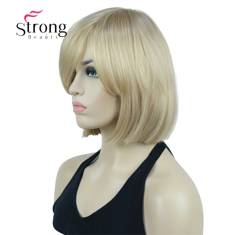 Crown & Glory Wigs Strong Beauty Women's Brown Short Straight Bob Wig with Side Bangs Synthetic Full Hair Wigs Heat Resistant