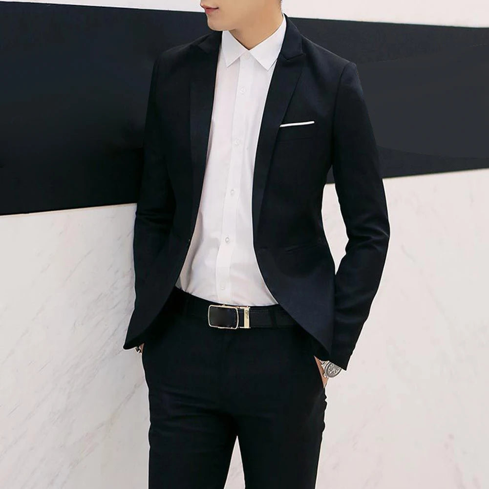 Men clothing   2Pcs Office Business Men Solid Colour Lapel Long Sleeve Slim Blazer Pants Suit