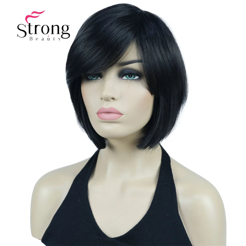 Crown & Glory Wigs Strong Beauty Women's Brown Short Straight Bob Wig with Side Bangs Synthetic Full Hair Wigs Heat Resistant