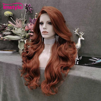 Crown & Glory Wigs  Im style Copper Red Wig Long Synthetic Lace Front Wigs For Women Wavy Heat Resistant Fiber Natural Black White Lace Wigs