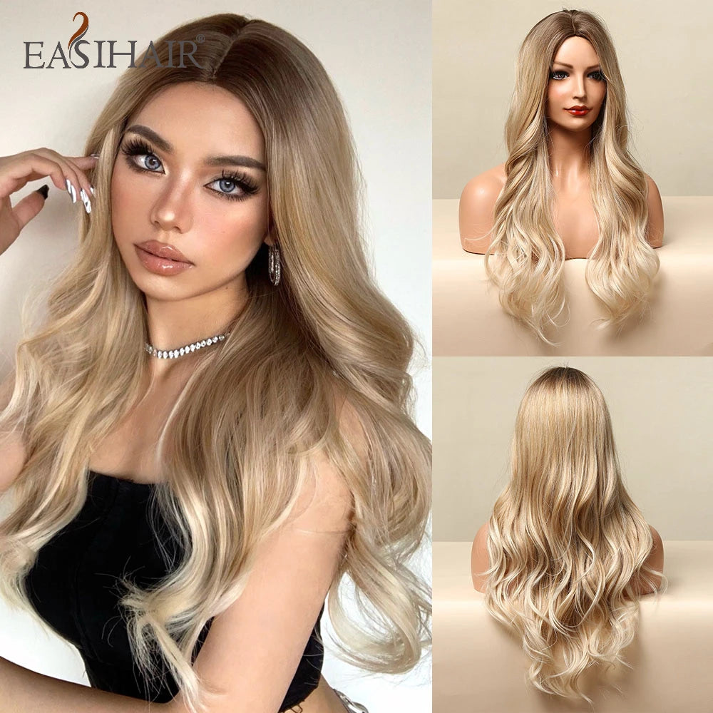 Crown & Glory Wigs EASIHAIR Ombre Brown Light Blonde Platinum Long Wavy Middle Part Hair Wig Cosplay Natural Heat Resistant Synthetic Wig for Women