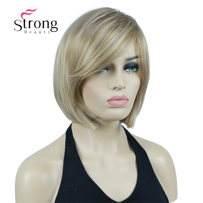 Crown & Glory Wigs Strong Beauty Women's Brown Short Straight Bob Wig with Side Bangs Synthetic Full Hair Wigs Heat Resistant