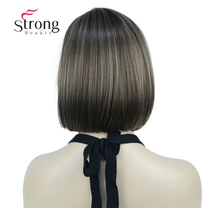 Crown & Glory Wigs Strong Beauty Women's Brown Short Straight Bob Wig with Side Bangs Synthetic Full Hair Wigs Heat Resistant