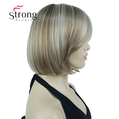 Crown & Glory Wigs Strong Beauty Women's Brown Short Straight Bob Wig with Side Bangs Synthetic Full Hair Wigs Heat Resistant