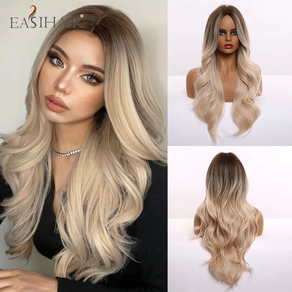 Crown & Glory Wigs EASIHAIR Ombre Brown Light Blonde Platinum Long Wavy Middle Part Hair Wig Cosplay Natural Heat Resistant Synthetic Wig for Women