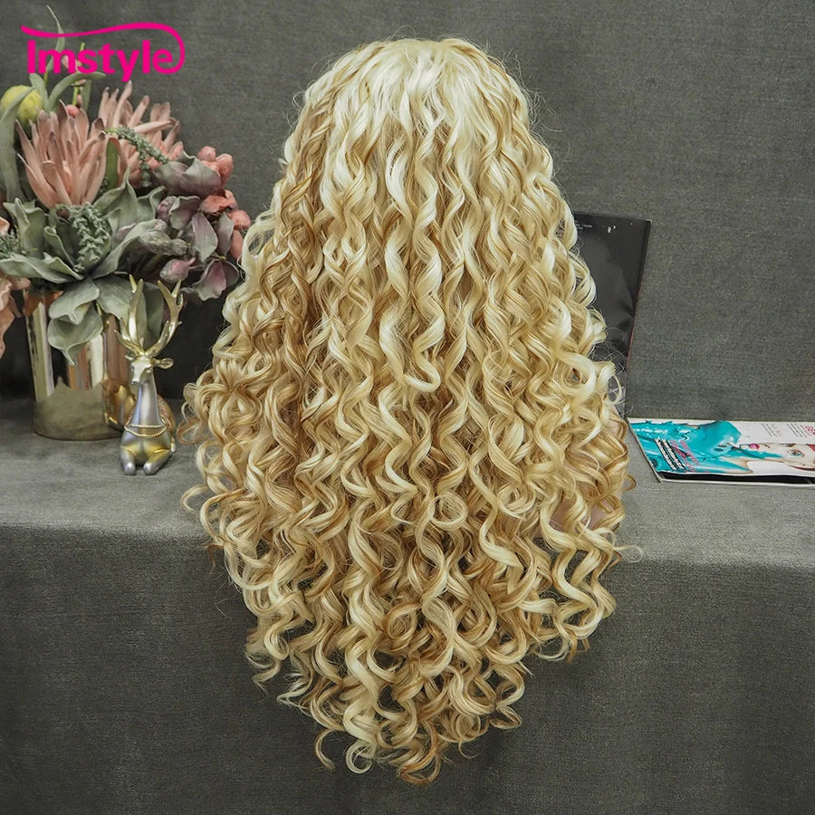 Crown & Glory Wigs  Im style Synthetic Lace Front Wig Blonde Golden Mixed Lace Wig Curly Heat Resistant Fiber Long Wigs For Women Cosplay Wig