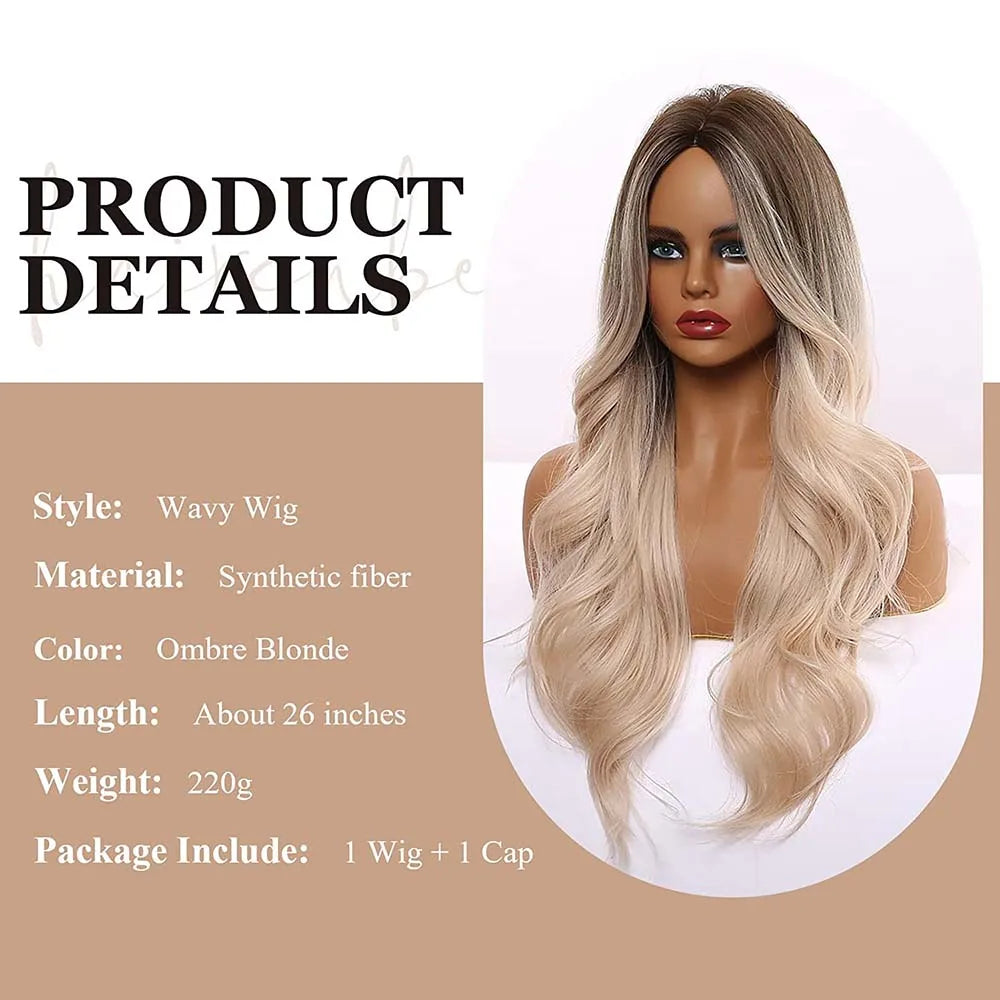 Crown & Glory Wigs EASIHAIR Ombre Brown Light Blonde Platinum Long Wavy Middle Part Hair Wig Cosplay Natural Heat Resistant Synthetic Wig for Women