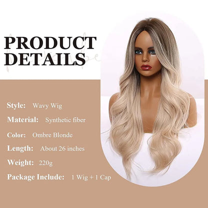 Crown & Glory Wigs EASIHAIR Ombre Brown Light Blonde Platinum Long Wavy Middle Part Hair Wig Cosplay Natural Heat Resistant Synthetic Wig for Women