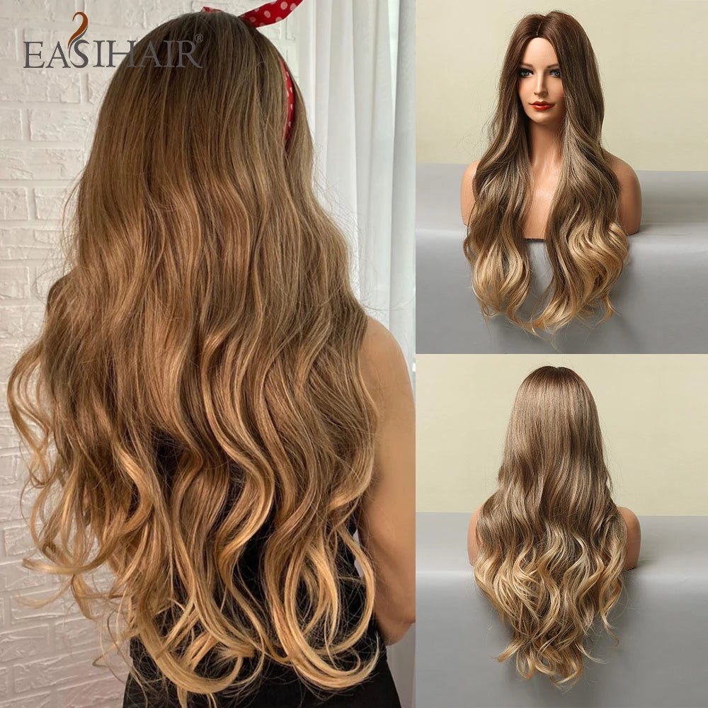 Crown & Glory Wigs EASIHAIR Ombre Brown Light Blonde Platinum Long Wavy Middle Part Hair Wig Cosplay Natural Heat Resistant Synthetic Wig for Women