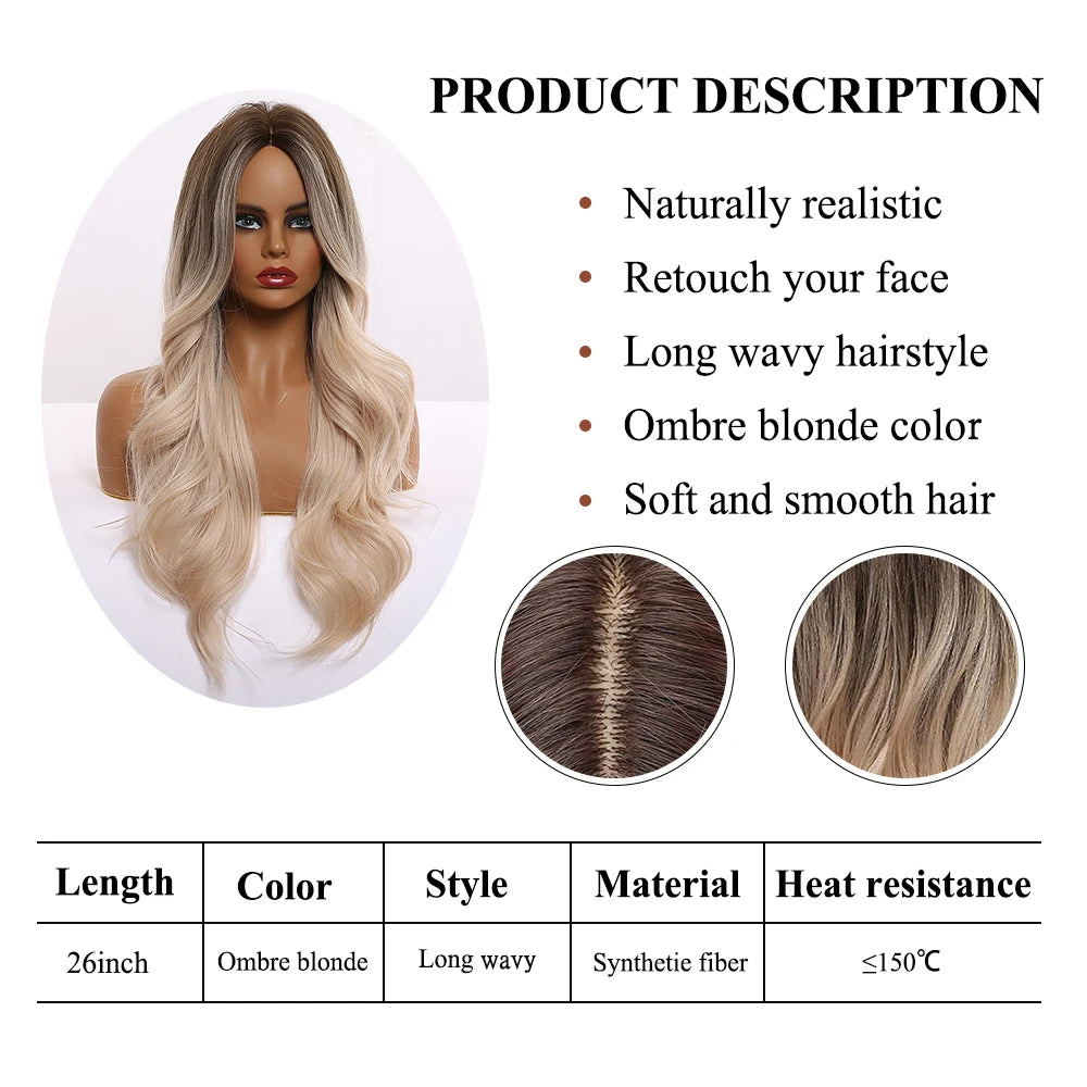 Crown & Glory Wigs EASIHAIR Ombre Brown Light Blonde Platinum Long Wavy Middle Part Hair Wig Cosplay Natural Heat Resistant Synthetic Wig for Women