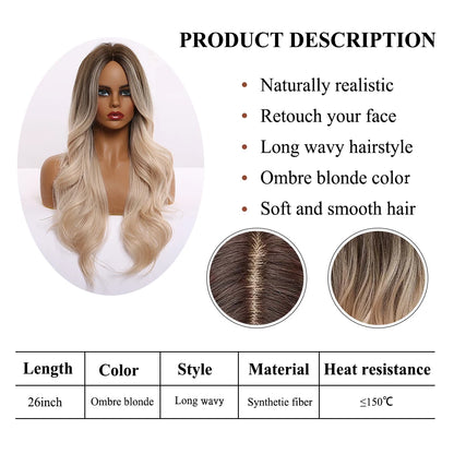 Crown & Glory Wigs EASIHAIR Ombre Brown Light Blonde Platinum Long Wavy Middle Part Hair Wig Cosplay Natural Heat Resistant Synthetic Wig for Women