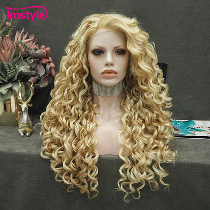 Crown & Glory Wigs  Im style Synthetic Lace Front Wig Blonde Golden Mixed Lace Wig Curly Heat Resistant Fiber Long Wigs For Women Cosplay Wig