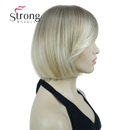 Crown & Glory Wigs Strong Beauty Women's Brown Short Straight Bob Wig with Side Bangs Synthetic Full Hair Wigs Heat Resistant