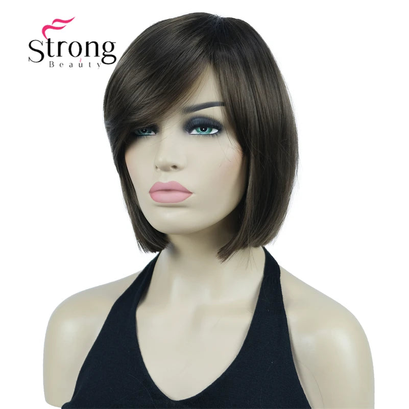 Crown & Glory Wigs Strong Beauty Women's Brown Short Straight Bob Wig with Side Bangs Synthetic Full Hair Wigs Heat Resistant