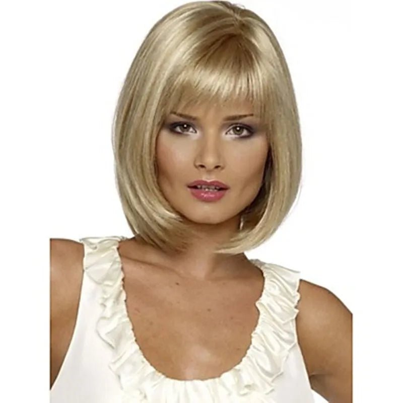 Crown & Glory Wigs HAIRJOY Women Synthetic  Wigs Short Straight Bob Hairstyle Blonde HighLights Hair Wig Heat Resistant Fiber