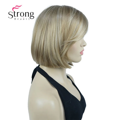 Crown & Glory Wigs Strong Beauty Women's Brown Short Straight Bob Wig with Side Bangs Synthetic Full Hair Wigs Heat Resistant