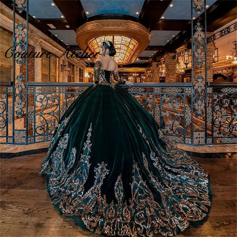 Woman clothing   Dark Green Velvet Gold Sequin Applique Ball Gown Quinceanera Dresses Three Quarter Sleeves Sweet 15 16 Dress Corset Customized