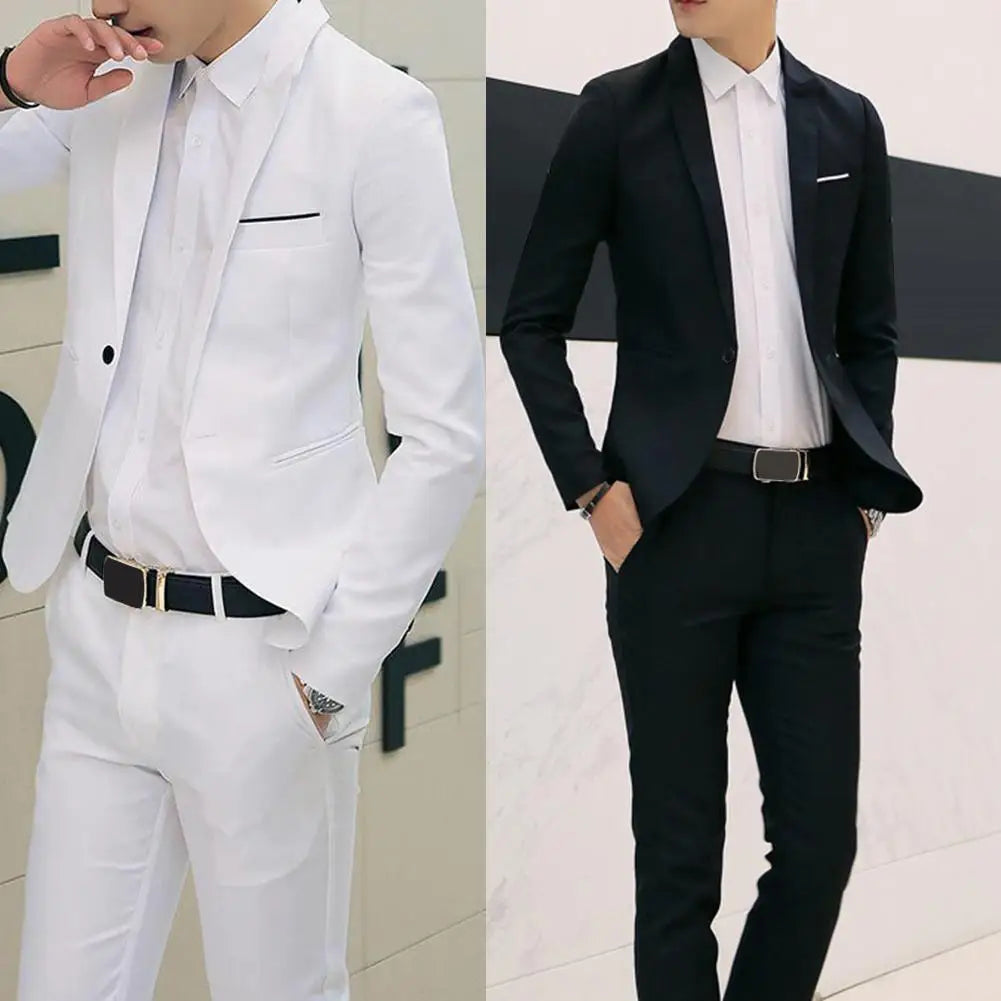 Men clothing   2Pcs Office Business Men Solid Colour Lapel Long Sleeve Slim Blazer Pants Suit