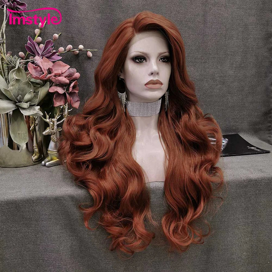 Crown & Glory Wigs  Im style Copper Red Wig Long Synthetic Lace Front Wigs For Women Wavy Heat Resistant Fiber Natural Black White Lace Wigs