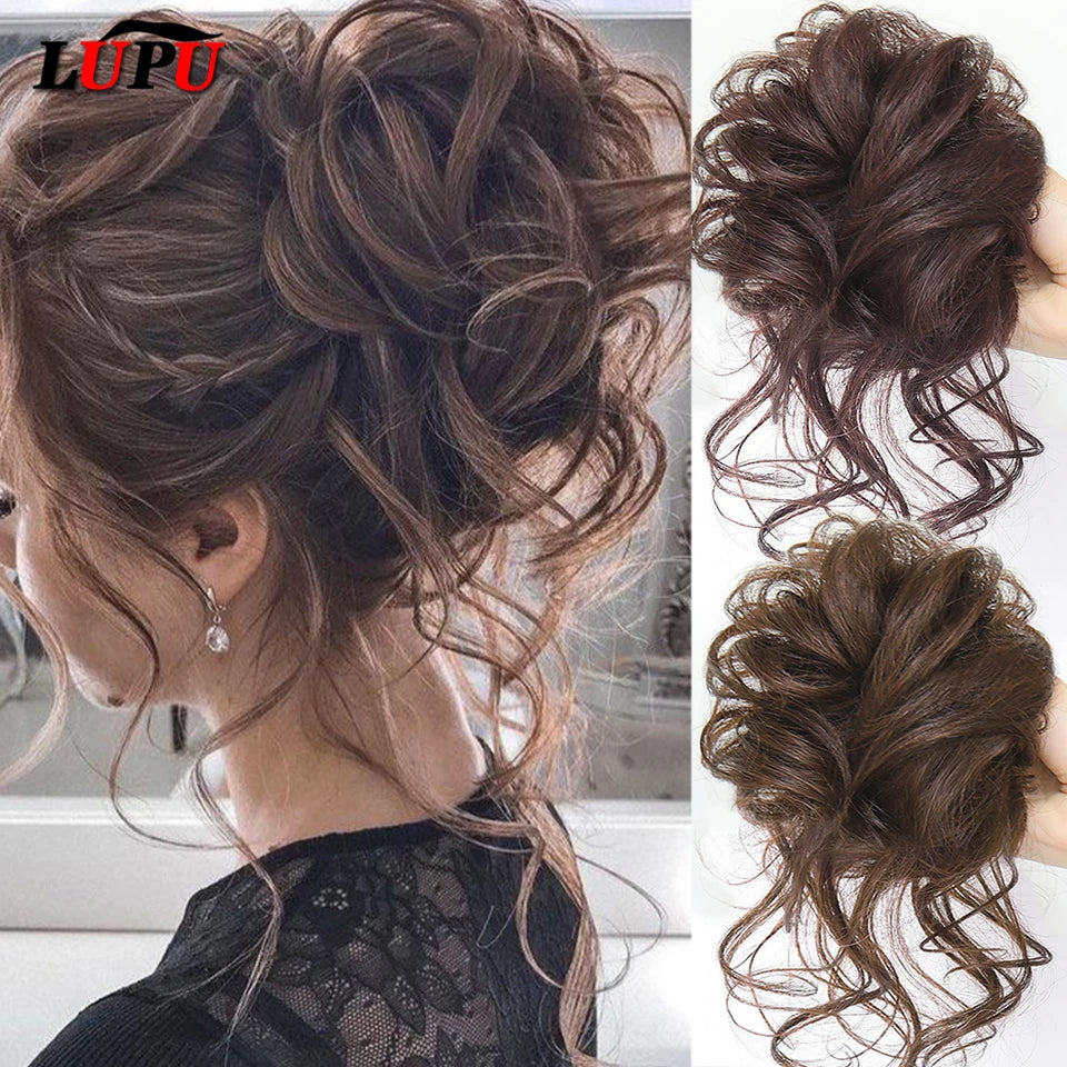 Crown & Glory Wigs  LUPU Synthetic Hair Bun Chignon Messy Curly Hair Band Elastic Scrunchy False Hair Pieces For Women Hairpins Black Brown