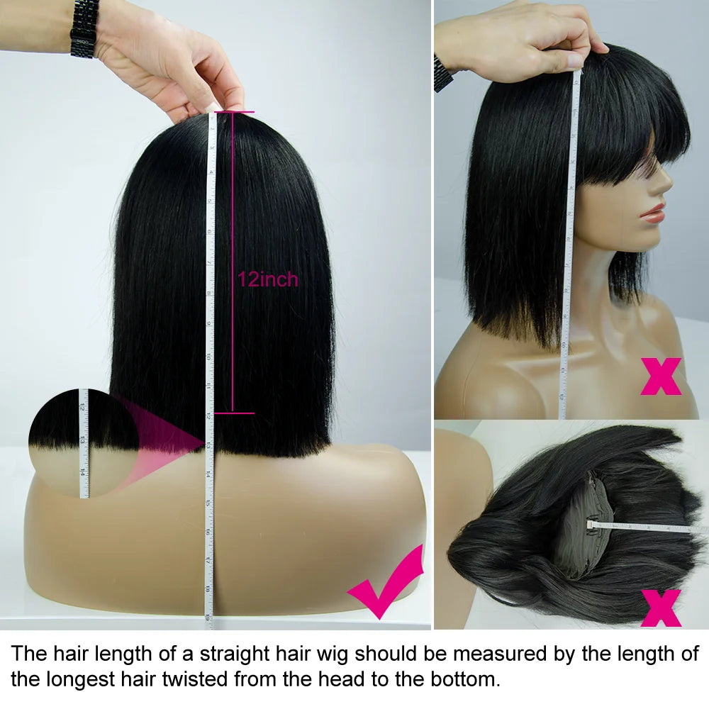 Crown & Glory Wigs  Short Bob Wig With Bangs Glue less Human Hair Wig Ready to Go Straight Hair Bob Wigs Brazilian Remy Full Machine Wigs for Women