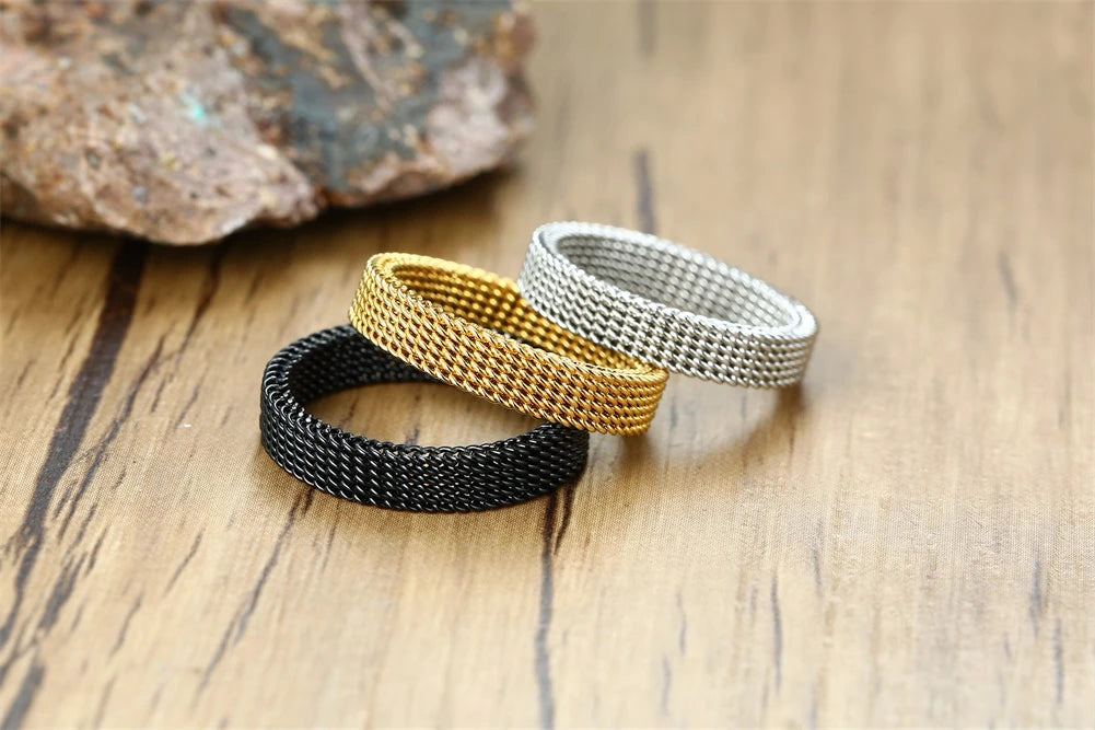 Jewellery  FLEXIBLE STEEL RING MESH FLAT CHAIN BAND RING FOR MEN WOMEN JEWELRY