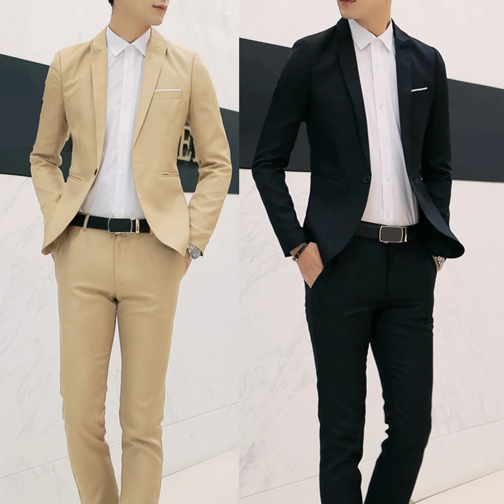 Men clothing   2Pcs Office Business Men Solid Colour Lapel Long Sleeve Slim Blazer Pants Suit