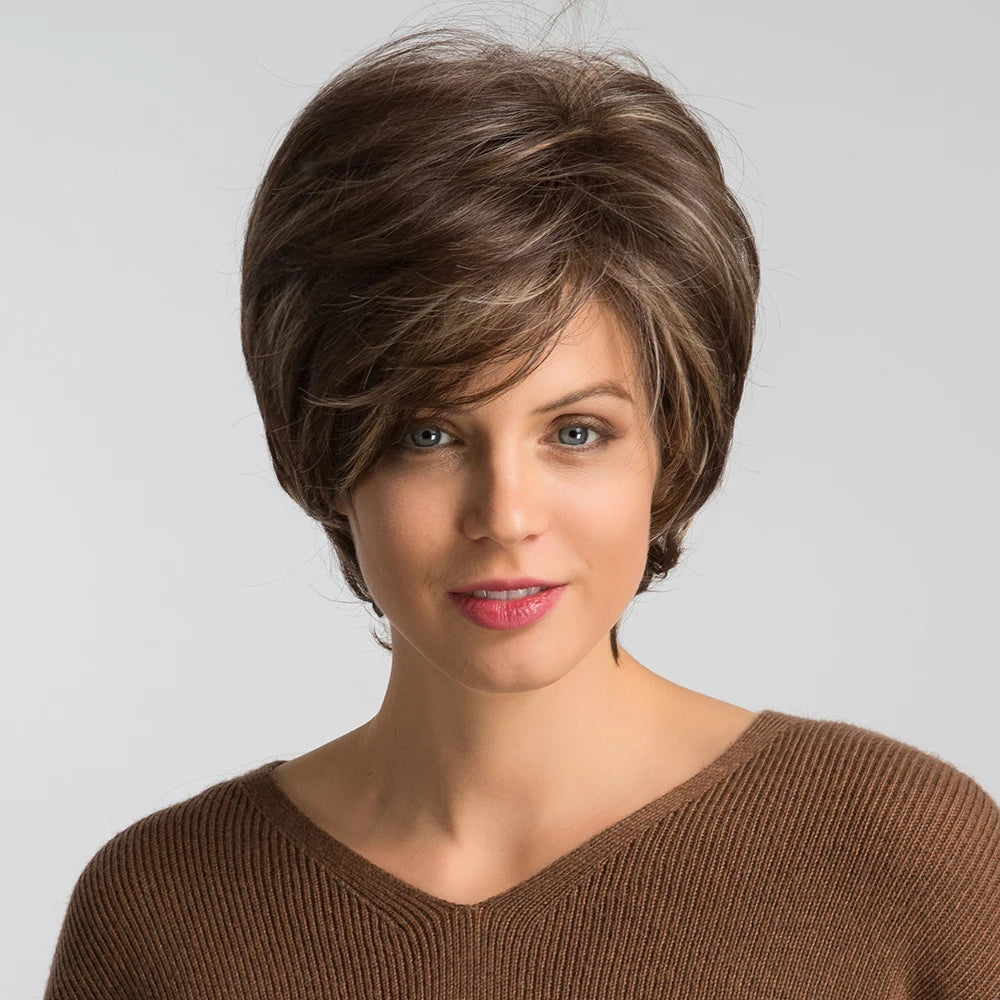 Crown & Glory Wigs EASIHAIR Short Honey Brown Synthetic Wigs for Women Layered Natural Hair Wigs Free Part Short Hair Daily Wig Heat Resistant