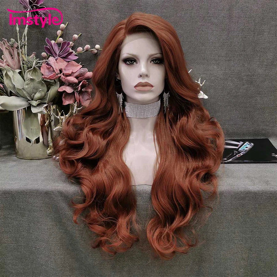 Crown & Glory Wigs  Im style Copper Red Wig Long Synthetic Lace Front Wigs For Women Wavy Heat Resistant Fiber Natural Black White Lace Wigs