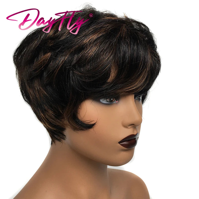 Crown & Glory Wigs Short Grey Wigs Highlight Pixie Cut Wig With Bangs Brazilian Hair Natural Wave Wigs Ombre P1B 30 44 34 Human Hair Wigs For Women