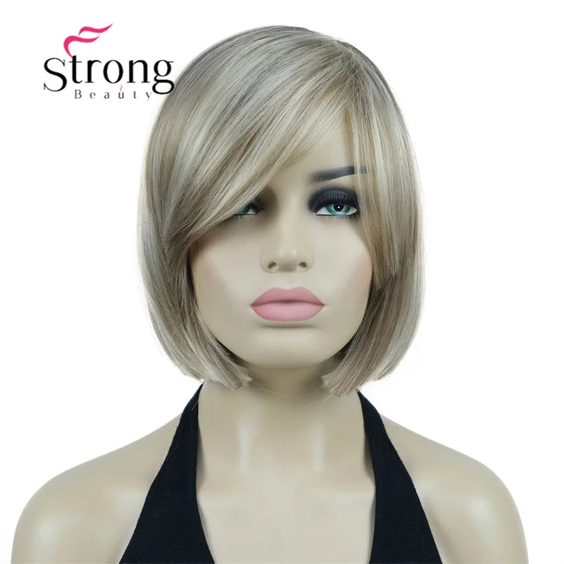 Crown & Glory Wigs Strong Beauty Women's Brown Short Straight Bob Wig with Side Bangs Synthetic Full Hair Wigs Heat Resistant