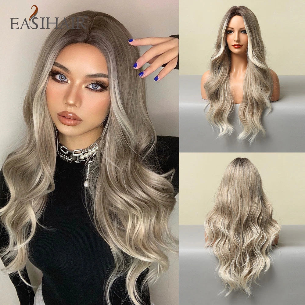 Crown & Glory Wigs EASIHAIR Ombre Brown Light Blonde Platinum Long Wavy Middle Part Hair Wig Cosplay Natural Heat Resistant Synthetic Wig for Women