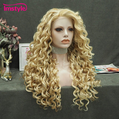 Crown & Glory Wigs  Im style Synthetic Lace Front Wig Blonde Golden Mixed Lace Wig Curly Heat Resistant Fiber Long Wigs For Women Cosplay Wig