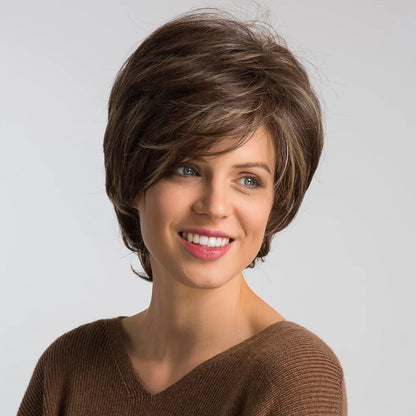 Crown & Glory Wigs EASIHAIR Short Honey Brown Synthetic Wigs for Women Layered Natural Hair Wigs Free Part Short Hair Daily Wig Heat Resistant