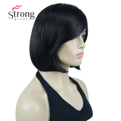 Crown & Glory Wigs Strong Beauty Women's Brown Short Straight Bob Wig with Side Bangs Synthetic Full Hair Wigs Heat Resistant